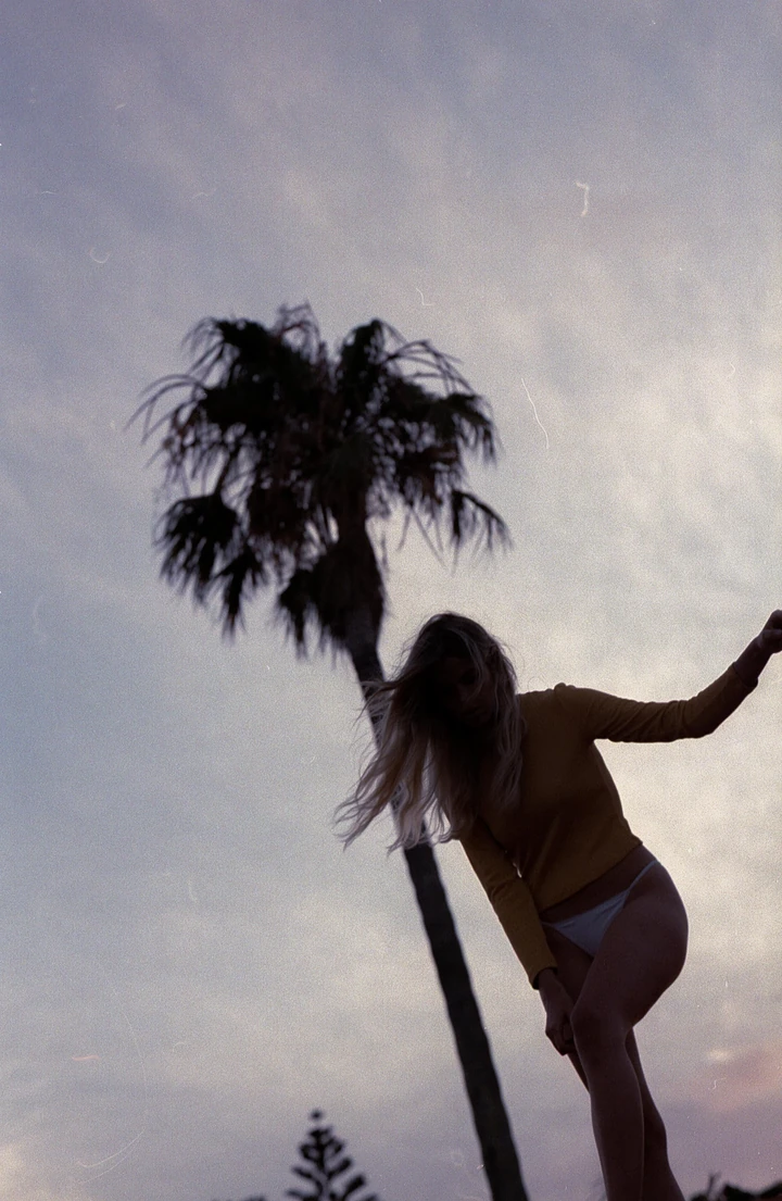Fashion silhouette beneath a palm tree